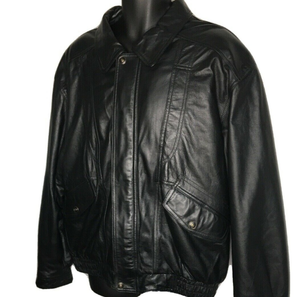 Mens XL Biker Bomber Genuine Black Leather Jacket - Picture 2 of 8